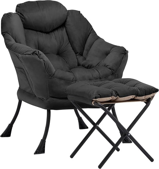 Lazy Chair with Ottoman Comfy Accent Lounge Chair with Side Pocket Modern Reading Armchair with Footrest Upholstered Sofa Chair for Small Spaces Bedroom Living Room Dorm Black