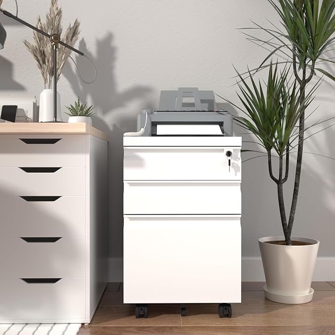3 Drawer File Cabinet with Lock Metal Mobile Filing Cabinet on Wheels Under Desk Storage Cabinet for Home Office Deep Drawers for Letter/Legal/A4 Files with Anti-Tip Design (White)