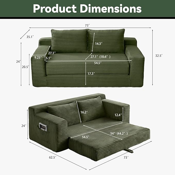 73 Convertible Sofa Bed Pull Out Boneless Loveseat Sleeper Sofa Corduroy Foldable Couch Bed with Storage Bag No Assembly Couch in a Box for Living Room Apartment (Green)