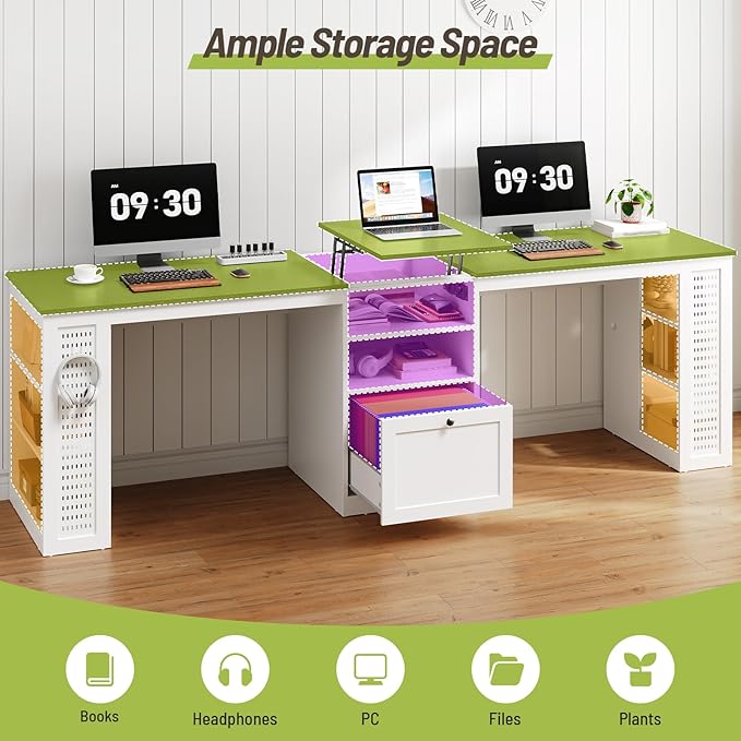 Farmhouse 96.5 Computer Desk for 2 Person Two Person Desk with Drawer &amp Shelves Long Writing Desk with Rising Table and Pegboard for Home Office Black and White
