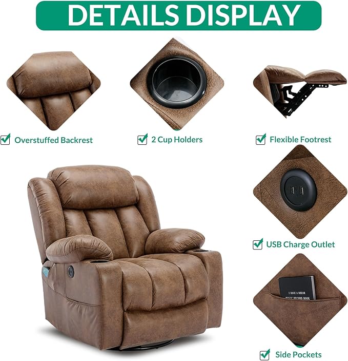 VIVIJASON Swivel Rocker Recliner Chair with Heat &amp Vibration Manual 360° Swivel Glider Overstuffed Reclining Chair with 2 Cup Holders Side Pockets &amp USB Ports for Living Room Brown