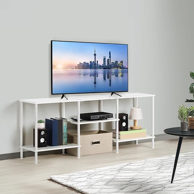 White TV Stand Bedroom with Power Outlets Small Entertainment Center Stand with Open Storage Shelves for TVs up to 50 Inch Wood TV Media Console Table with for Living Room Bedroom