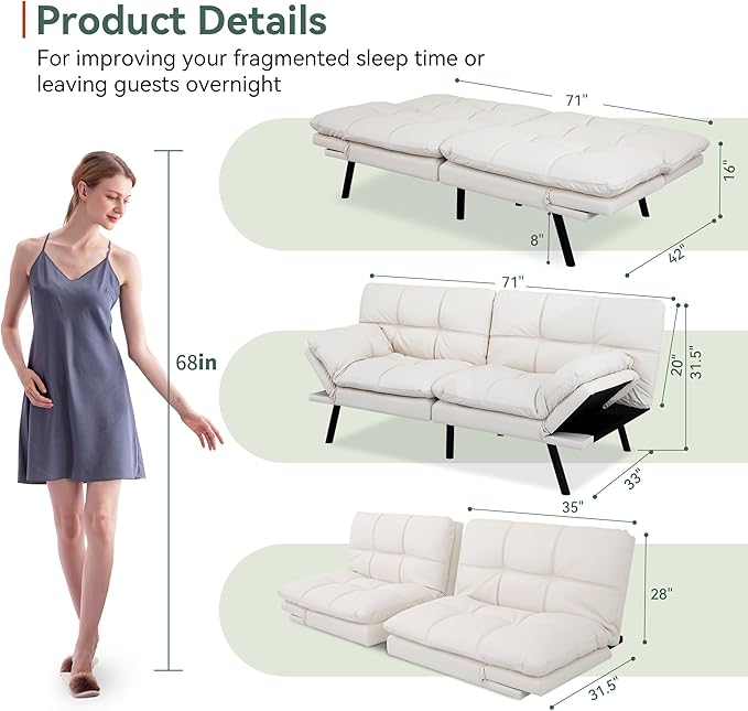 Opoiar 71 L Covertible Futon Sofa BedFaux Leather Futon Couch Memory Foam Modern Loveseat Sleeper Small Splitback Sofa Couches for Living RoomRVHome OfficeApartmentWhite
