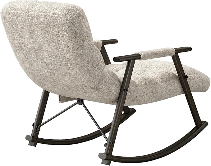 Casual Folding Rocking ChairTeddy Upholstered Rocking ChairModern Lounge Rocking ChairAdjustable High Back and Foot RestSide Pockets for Living RoomBedroomBalconyWhite