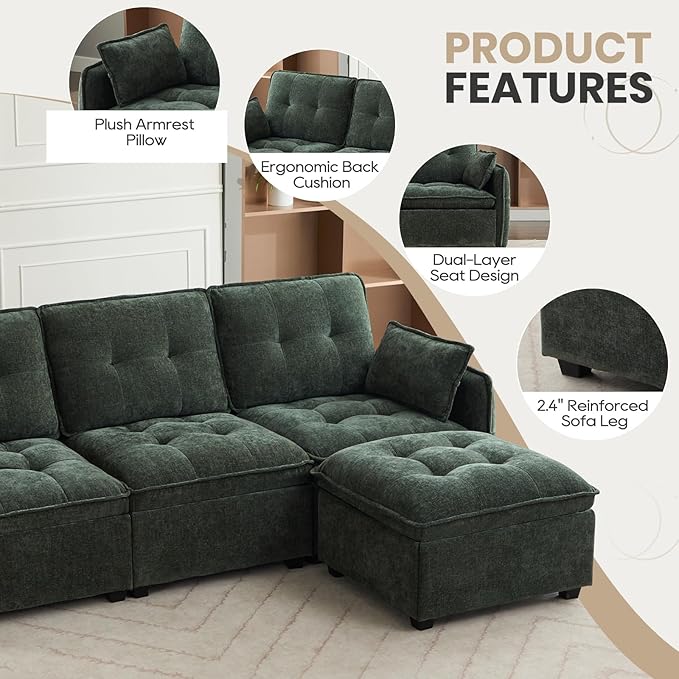 98'' Modular Sectional Sofa Comfty Cloud Couch L Shape with Movable Ottoman 4-Seat Chenille Deep Seat Sofa with Throw Pillow Sectional Couches for Living Room Office(Green 3-seat)