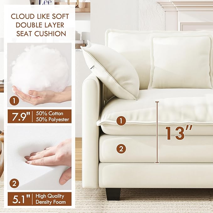 WorthFurni 111.4” Modular Sectional Sofa U Shape Cloud Couch with 2 Movable Ottoman Comfy Chenille Deep Seat Sofa with Soft Pillows for Apartment Living Room Bedroom（Beige）