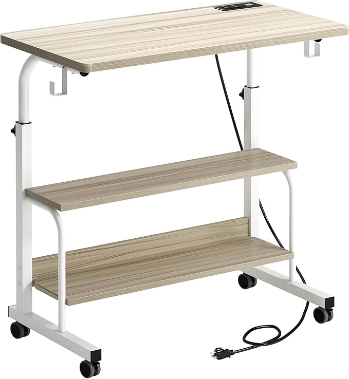 soges Height Adjustable Desk with Charging Station Mobile Computer Workstation with 2 Storage Shelves Small Rolling Desk on Wheels for Home Office Maple