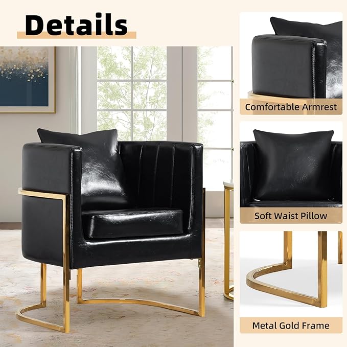 Modern Leather Accent Chairs Set of 2 Mid Century Upholstered Barrel Armchair with Pillow for Living Room Comfy Single Vanity Chair with Metal Gold Legs for Bedroom Black