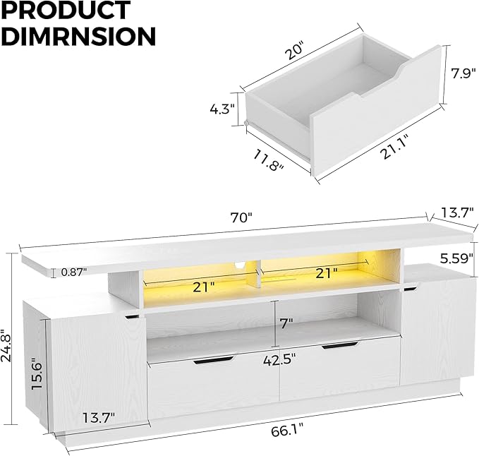 IRONCK TV Stand for TVs 85 inch with Power Outlet and LED Lights Entertainment Center with Storage Cabinets Media TV Console with Drawers Modern TV Stand for Living Room White