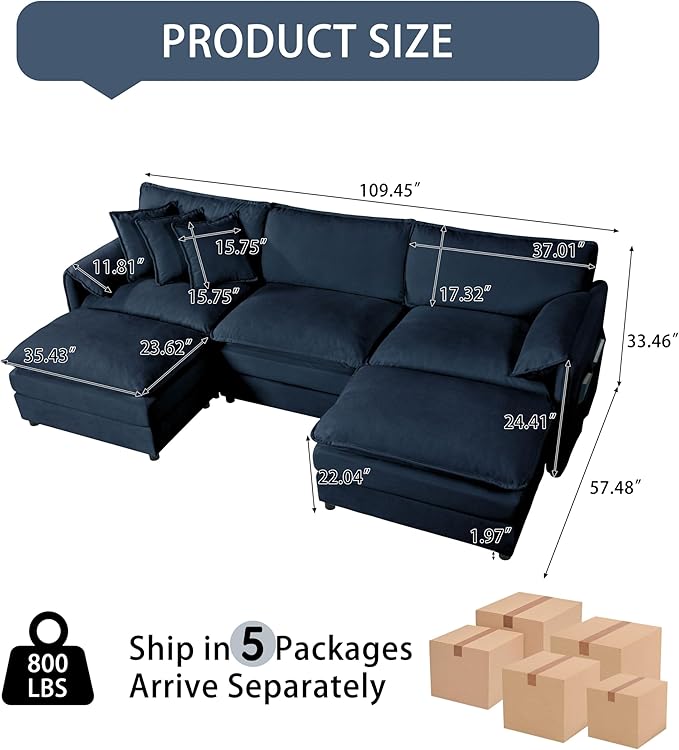 109 Modular Sectional Sofa with 2 Ottoman Chenille Cloud Couch for Living Room &amp Apartment Deep Seat Comfort Flexible U-Shape Combination Sofa for Home &amp OfficeBlue