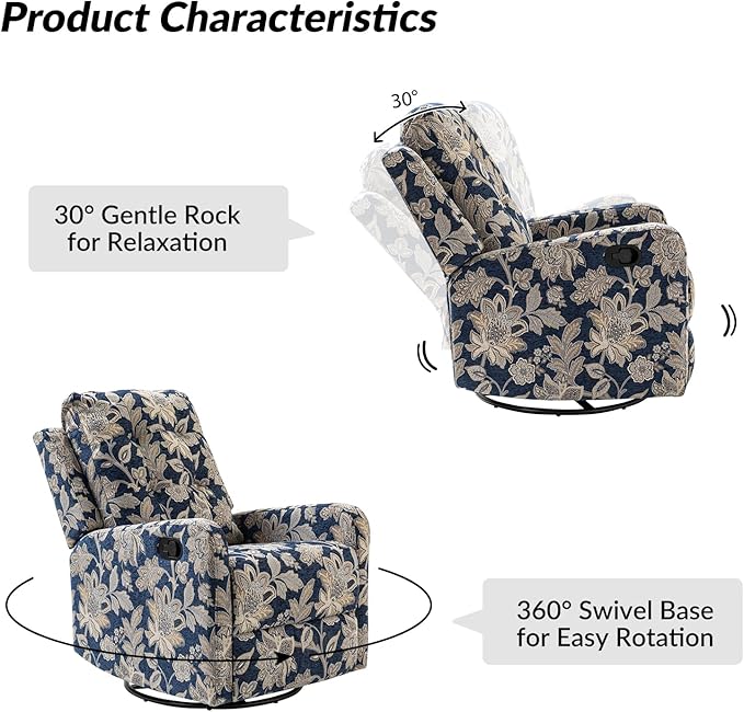 HULALA Home Recliner Chair Modern Printed Fabric for Living Room Wingback Rocker Recliner Sofa Comfy Armchair 360 Degree Swivel Nursery Rocking Chairs with Adjustable Backrest &amp Footrest/Navy