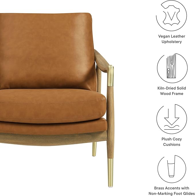 Modway Langford Faux Leather Upholstered Armchair – Mid-Century Modern Armchair with Wood Frame – PU Leather Accent Chair for Living Room or Bedroom