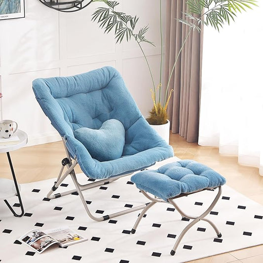 Saucer Chair with Ottoman Comfy Oversized Folding Chair Faux-Fur Reading Chair for Teens Adults Foldable Accent Lazy Chair Metal Frame Chair for Living Room Bedroom Blue