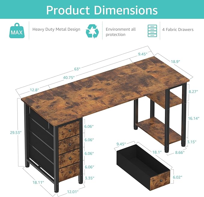 Lufeiya 63 inch Computer Desk with 4 Fabric Drawers &amp Storage Shelves Writing Work Study Desk for Home Office Bedroom Modern Simple Student PC Desks Table Rustic Brown
