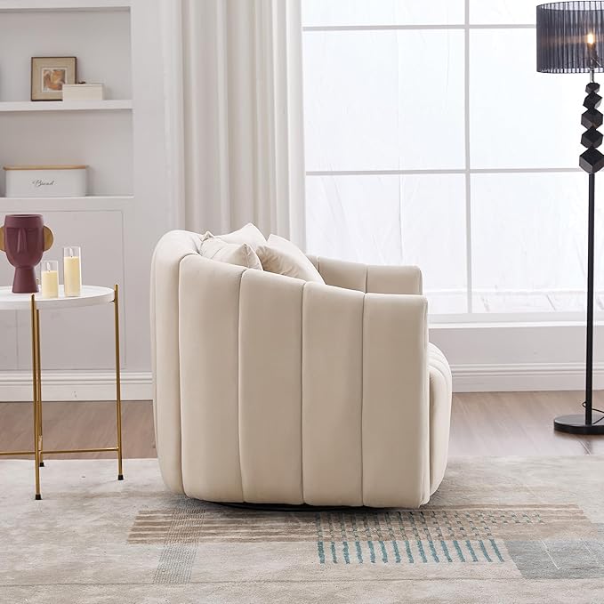 360° Swivel Barrel Chair with Curved Backrest 40 W Velvet Armchair with 3 Soft Pillows Accent Lounge Chair with Channel Tufted Design for Living Room Bedroom Studio Beige