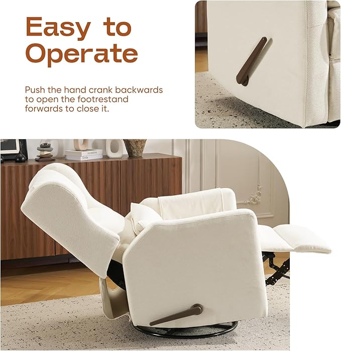 Swivel Rocker Recliner for Adults Glider Recliner Nursery Chair with Adjustable Headrest Manual Rocker Recliner with Cup Holder and Side Pockets White