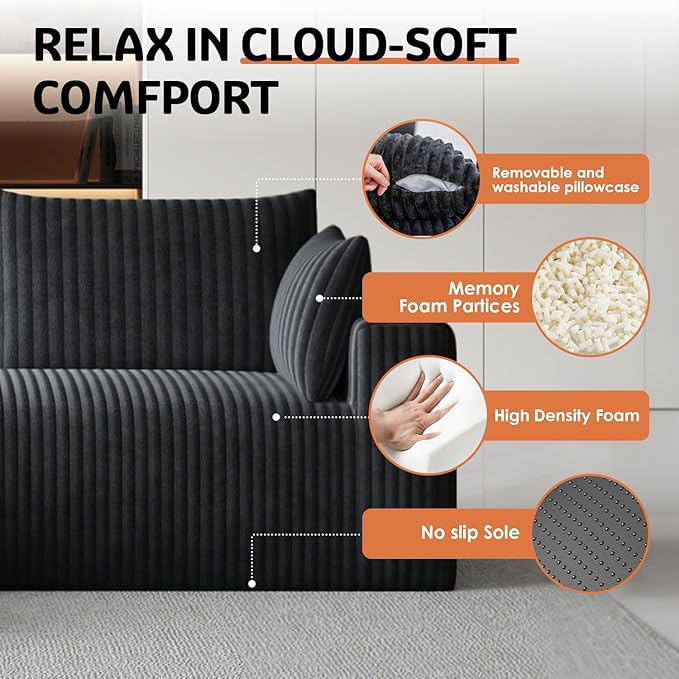 146 Oversized Boneless Couch Modular Sectional Couches for Living Room U-Shaped Deep Seat Chaise with Side Pockets No Assembly Required Plush Corduroy Fabric Sleeper Sofa Dark Gray