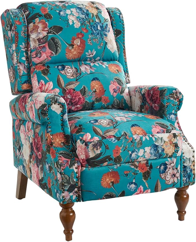 Pushback Recliner Chair Upholstered Floral Fabric Wingback Chair Single Sofa Accent Chair with Wood Legs and Rivet Decoration for Living Room Bedroom Peacock
