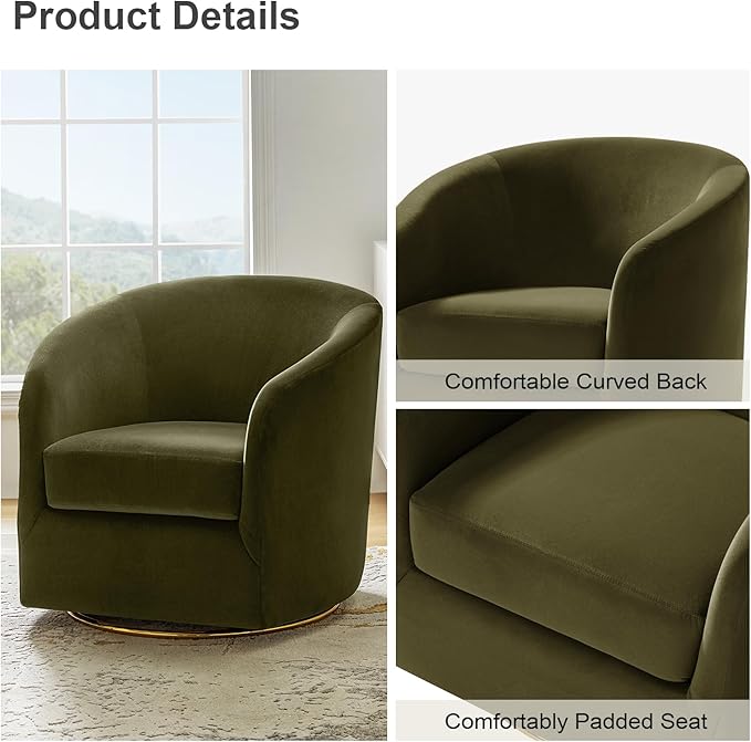 HULALA HOME Swivel Accent Chair with Gold Metal Base Contemporary Velvet Curved Swivel Barrel Chair Upholstered Club Armchair Leisure Single Sofa for Living Room Nursery Bedroom(Moss)