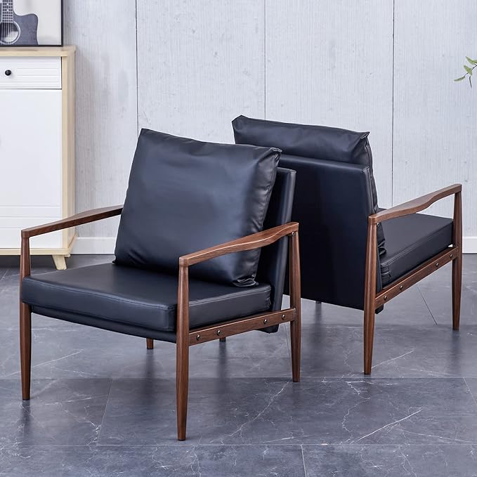 Sofa Chair.Black PU Leather Accent Arm Chair Mid Century Modern Upholstered Armchair with Imitation Solid Wood Color Metal Frame Padded Backrest and Seat Cushion Sofa Chairs for Living Room