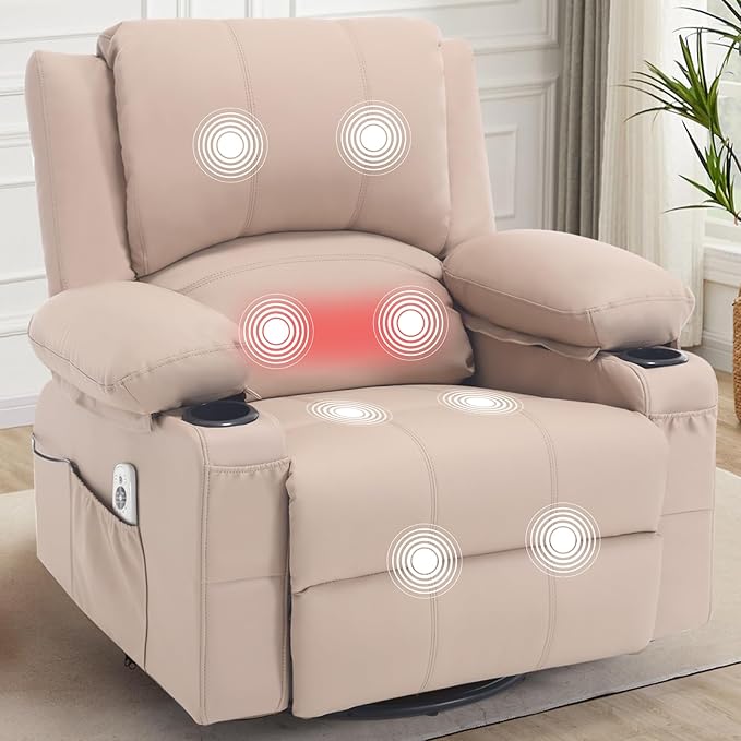 Faux Leather Swivel Rocker Recliner with Heat and Massage Cup Holders Overstuffed Rocking Glider Chair Heated Massaging Reclining Chair Beige