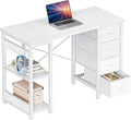 Casaottima 40 Inch Small Computer Desk with 4 Fabric Drawers Modern PC Desk for Small Spaces Home Office Desk with Storage Shelves Pure White