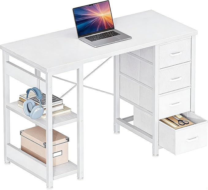 Casaottima 40 Inch Small Computer Desk with 4 Fabric Drawers Modern PC Desk for Small Spaces Home Office Desk with Storage Shelves Pure White
