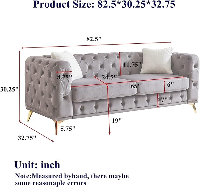 82.5'' Velvet Chesterfield Sofa Button Tufted Upholstered Sofa Couches with 2 Pillows Golden Metal Feets Removable Thick Cushions Comfy Chesterfield Couches for Living Room Apartment Beige