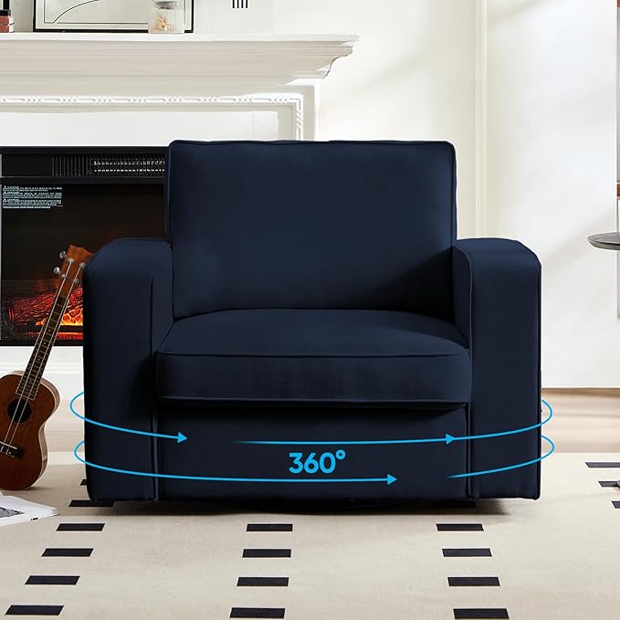 PUREMIND 360° Swivel Accent Chair Wide Upholstered Arm Chair with Wide Armrests Modern Square Sofa Living Room Chair for Bedroom Corner Reading Blue