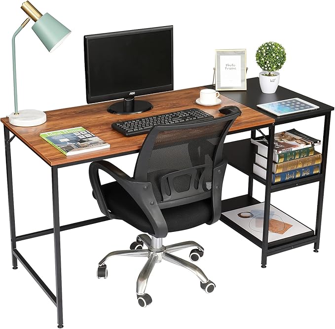 Home Office Desks Corner Computer Desk with Storage Shelves 140cm Industrial Office Desk Study Writing Table Workstation with Printer Stand and Bookshelf for Home Office 140 x 60 x 75cm(L x W x H)