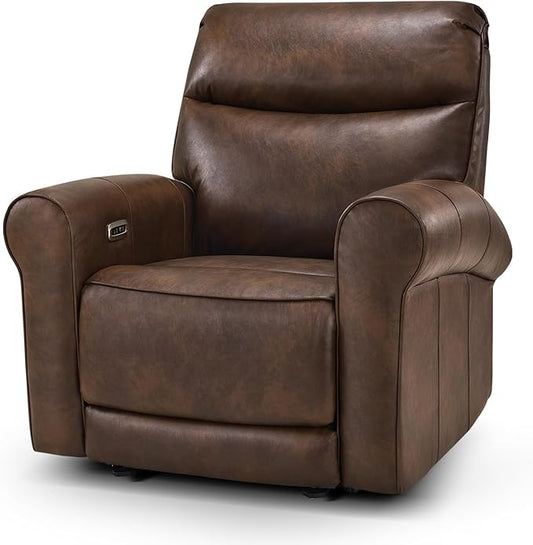 MCombo Power Wall Hugger Recliner Chair for Small Space RV Living Room USB &amp USB-C Charging Ports Modern Rolled Arm Recliner Faux Leather PR630 (Dark Brown Medium)