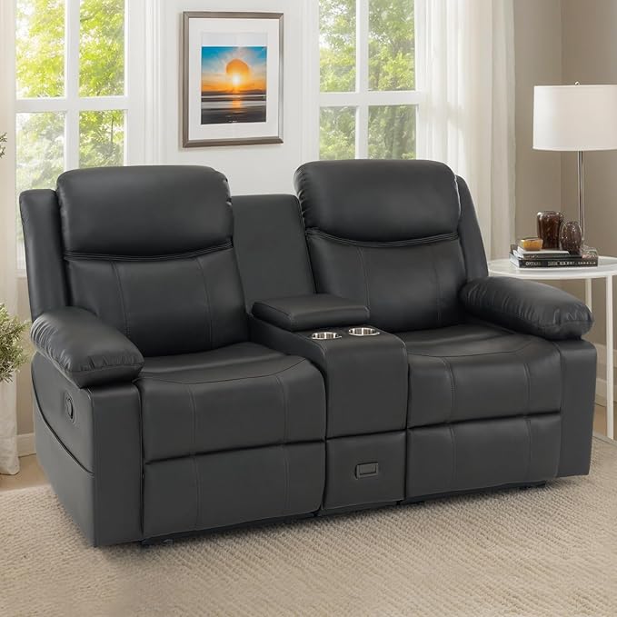 Loveseat Recliner Sofa with Massage &amp Heating Reclining Loveseat with Console RV Wall Hugger Double Loveseat Recliner Couch for Living Room &amp Home Theater (Grey)