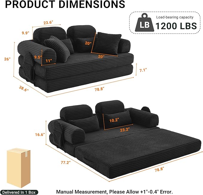 79 Boneless Couch with High Backrest Headrest Comfy Modular Foldable Floor Sleeper Sofa 5-in-1 Convertible Sofa Bed for Living Room Bedroom Lounge Studio Black