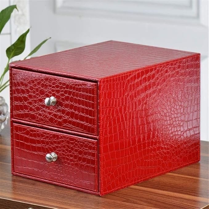 File Cabinet Flat Leather Desktop Office Storage and Organization Cabinet A4 Paper Box Two Drawer Cabinet Bookshelf (Red)