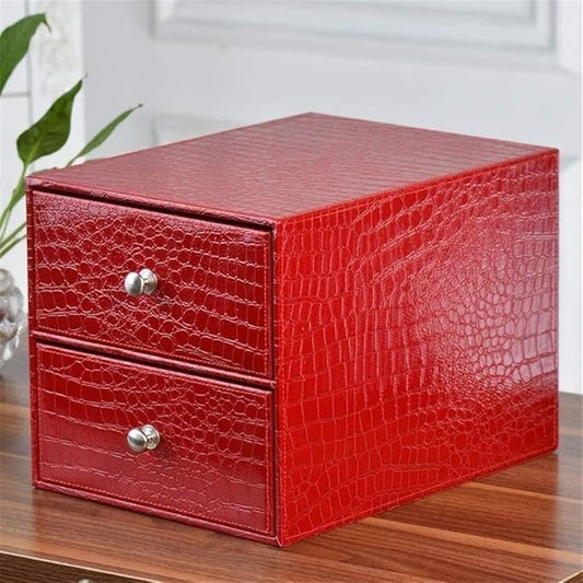 File Cabinet Flat Leather Desktop Office Storage and Organization Cabinet A4 Paper Box Two Drawer Cabinet Bookshelf (Red)