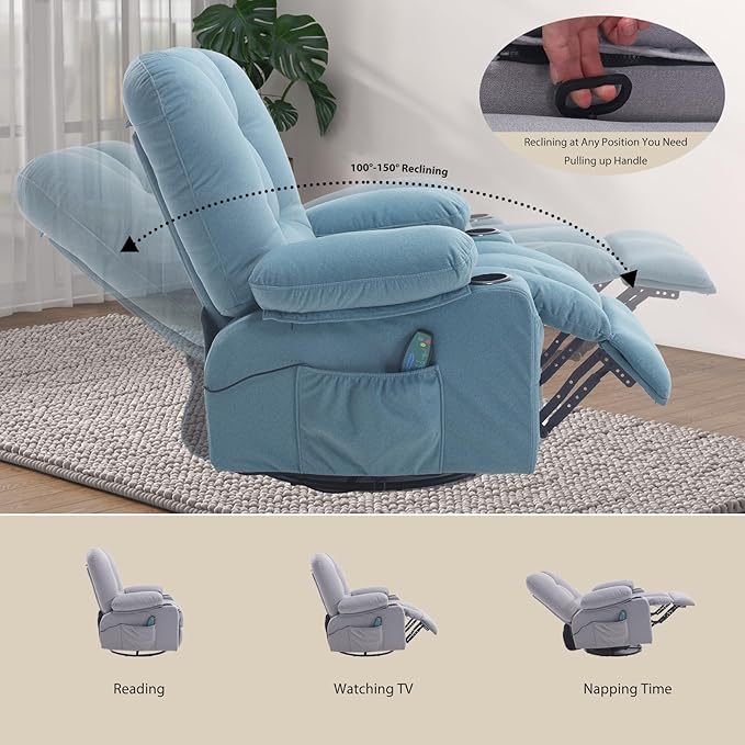 Rocker Recliner Chair with Massage and Heat Fabric Overstuffed Swivel Recliners Glider with Cup Holder Side Pocket Rocking Reclining Sofa Chair for Adults Living Room Blue