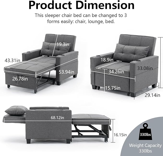Sleeper Chair Bed Convertible Chair Bed Pull Out Chair Beds with USB Charging &amp Cupholders Adjustable Backrest Leather Futon Chair Bed for Living Room Bedroom (Grey(Linen))