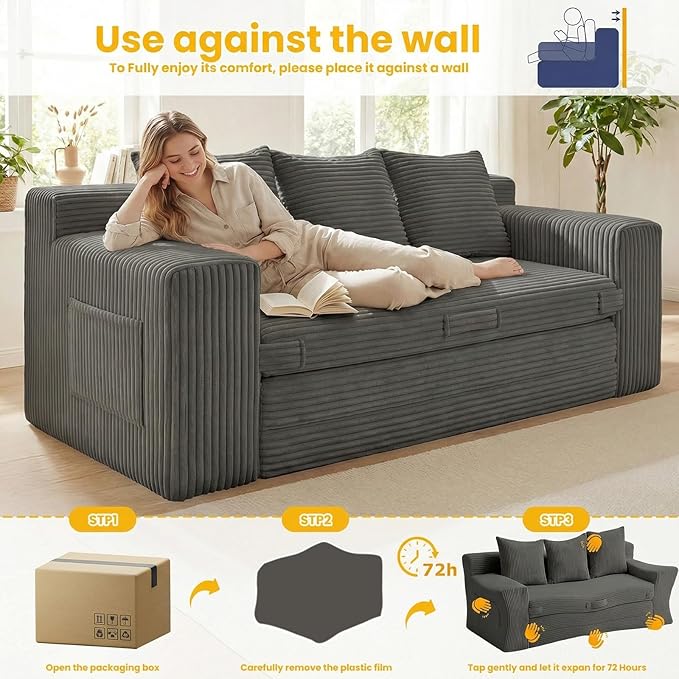 Boneless Couch Sleeper Sofa Bed: 3-in-1 Convertible Sofa Bed with Side Pockets &amp HandlePull Out Couch with 3 PillowsFolding Futon for Small SpaceLiving Room &amp Bedroom