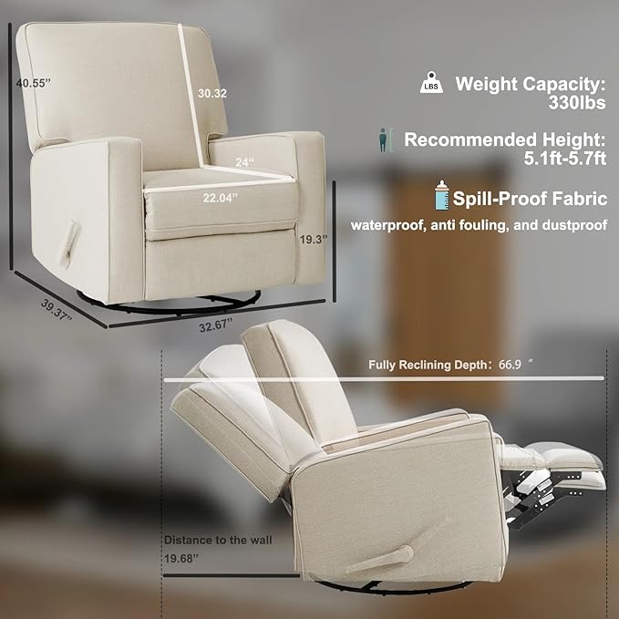 Harkawon Swivel Rocker Recliner Chair Glider Rocker Recliner Rocking Chair Nursery Fabric Chair with High Back Deep Seat for Living Room Bedroom Beige