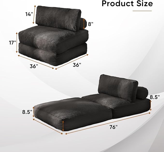 Waxberry Folding Sofa Couch Bed 36 Deep Oversized Seat Boneless Sofa Chair Corduroy Convertible Single Sleeper Chair Couch Bed for Living Room Portable Fold Out Chair Bed With Back Support (Black)