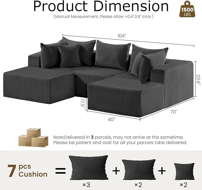 104 Cloud Couch Sectional U Shaped Boneless Couches for Living Room Corduroy Modern Modular Sectional Sofa No Assembly Required (Grey U-Shaped)