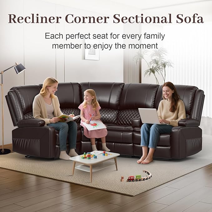 Manual Reclining Sectional Sofa Set 4 Seats Soft Leather Recliner Corner Sectional Couch Family-Sized L-Shaped Recliner Couch with USB Charging Thickened Padding Sturdy Frame Brown