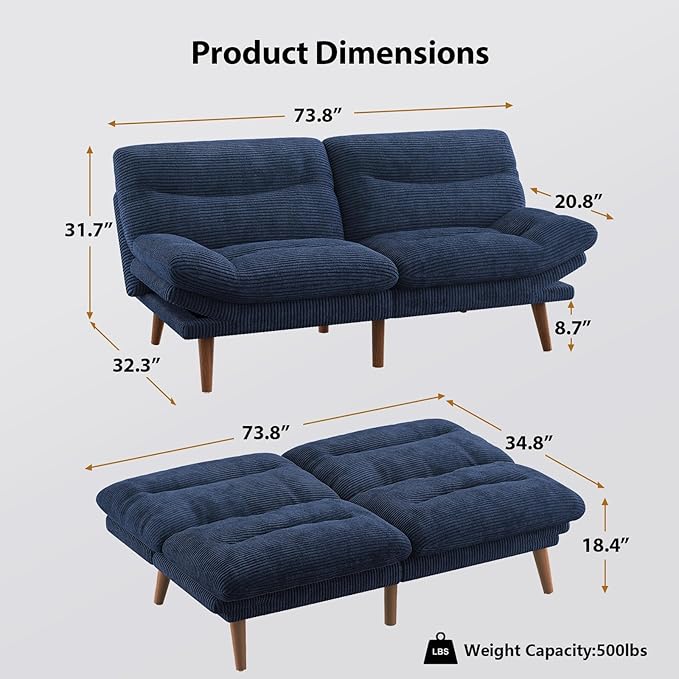 Pipishell Futon Sofa Bed Modern 66 Futon Couch Convertible to Bed &amp Lounger Compact Size Corduroy Loveseat Durable Construction - Fits Small Spaces ApartmentsStudy Room (Sky Blue 66 Inch)