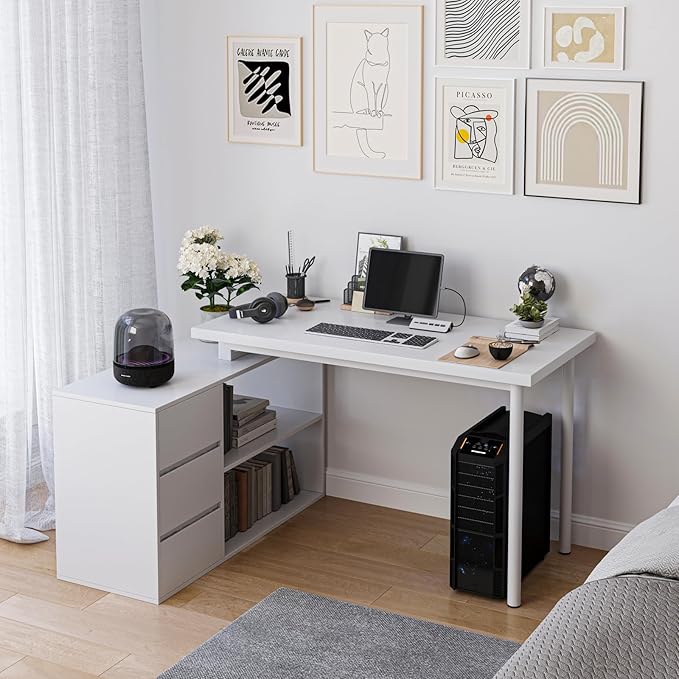 L Shape Computer Desk with 3 Drawers and 2 Shelves Home Office Desk Corner Small Desk with Storage Cabinet for Writing Study Executive – White