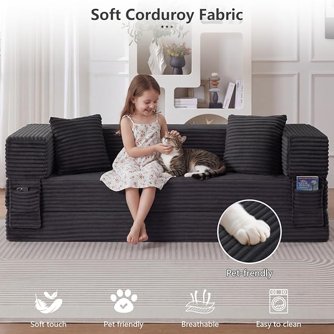 GNIXUU 78.7 Boneless Convertible Sleeper Sofa Bed 4-in-1 Folding Corduroy Futon Couch Bed Oversized Loveseat Modular Floor Mattress Couch for Living Room Bedroom Lounge No Assembly Grey