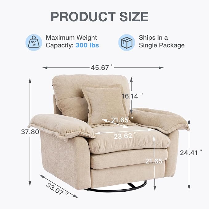 360° Swivel Accent Chair Oversized Plush Modern Chenille Armchair with Padded Seat &amp Back Comfy Spinning Chair for Living Room Bedroom Office (Oatmeal)