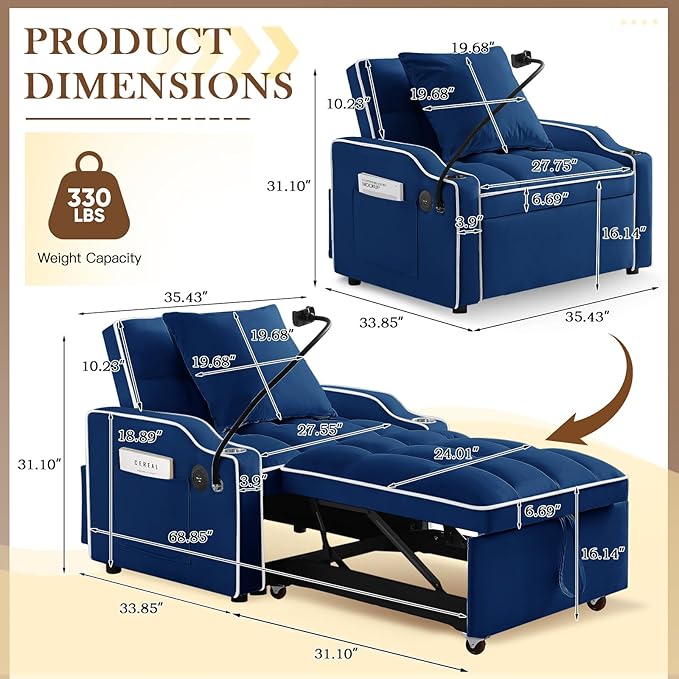 Convertible Sleeper Sofa Chair Bed 3 in 1 Tufted Velvet Pull Out Sleeper Chair with Adjustable Backrest &amp Phone Holder Modern Single Sofa Chair for Living Room Small Spaces Apartment Blue