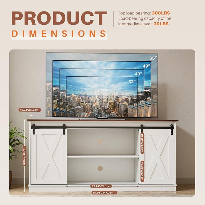 Sweetcrispy Farmhouse TV Stand 65 Inch for Living Room Bedroom White Tall Entertainment Center with Storage Shelves Media Console Cabinet with Wood Board 300 LBS Capacity and Sliding Barn Door