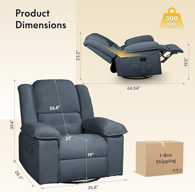 Softa Swivel Rocker Recliner Chair for Adults with Massage &amp Heat 360° Swivel Manual Glider Recliner with Side Pocket Compact Living Room Apartment Reclining Chair (Blue-Grey)