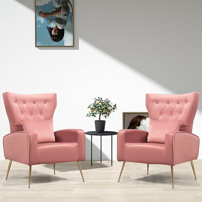 Button-Tufted Living Room Chairs Set of 2 WingBack Velvet Accent Chair Armchair with Lumbar Pillow Bedroom Chairs Vanity Chair Arm Chair with Golden Legs Pink